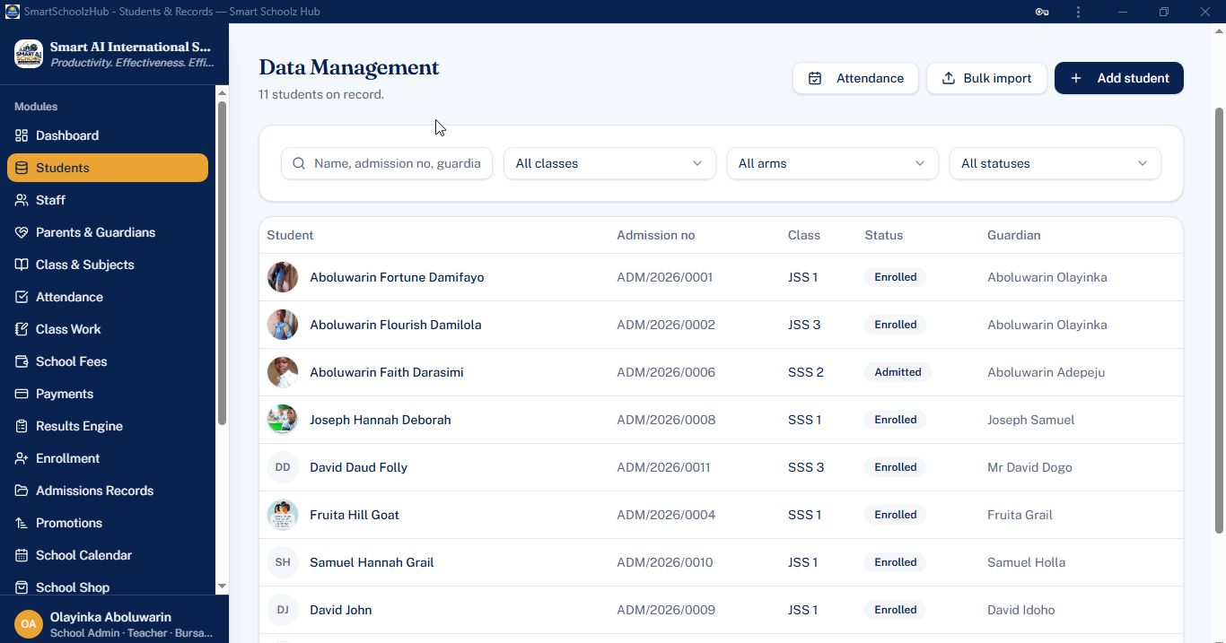 Students data management screen listing students with photos, admission numbers, classes and guardians