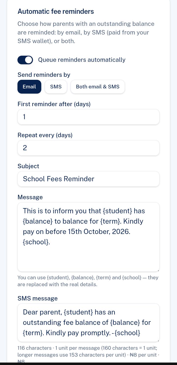 Automatic fee reminder settings with email and SMS options and message templates