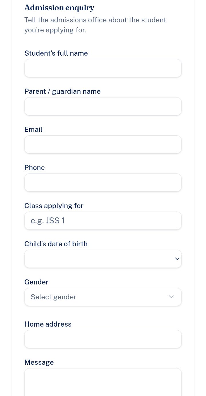 Public admission enquiry form for parents to fill on their phones