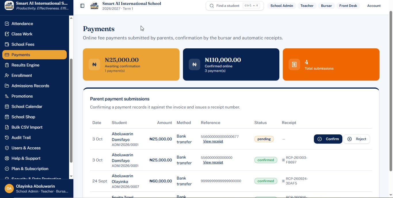 Payments screen showing parent payment submissions with confirm, reject and receipt numbers