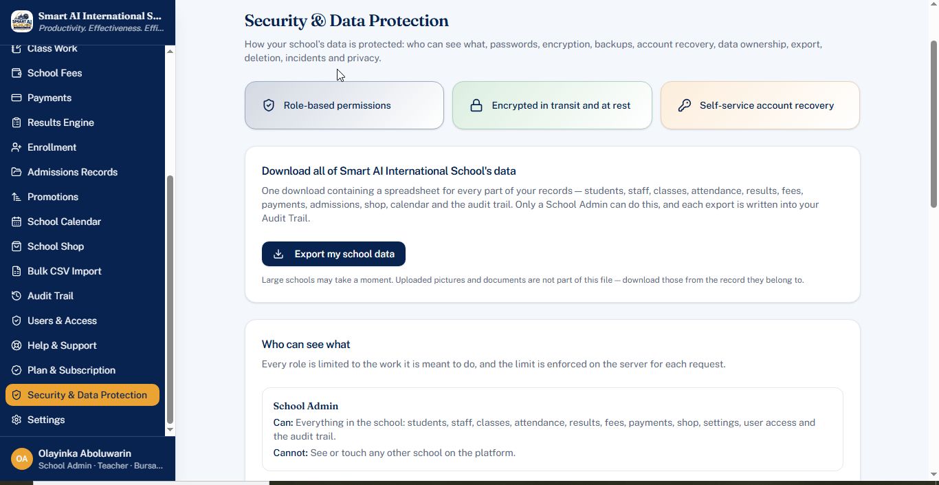Security and data protection screen with role-based permissions and a school data export button