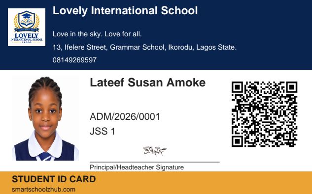 Smart student ID card with school branding, photo, QR code and headteacher signature