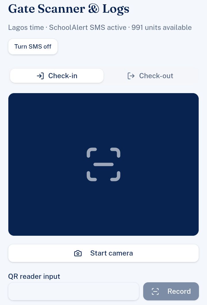 Gate scanner screen with check-in and check-out, camera QR scanning and SchoolAlert SMS status