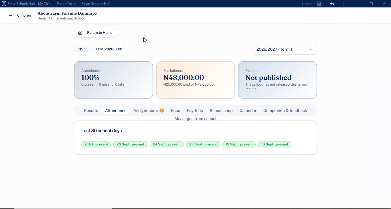 Parent portal showing a child's attendance, fee balance, results status and term selector