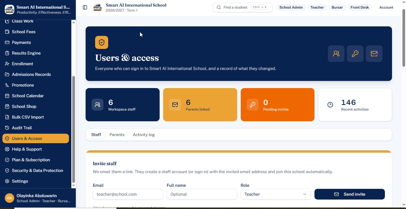 Users and access screen showing workspace staff, parents linked, pending invites and recent activities