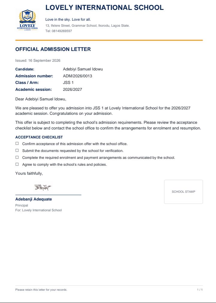 Official A4 admission letter with school letterhead, candidate details and acceptance checklist