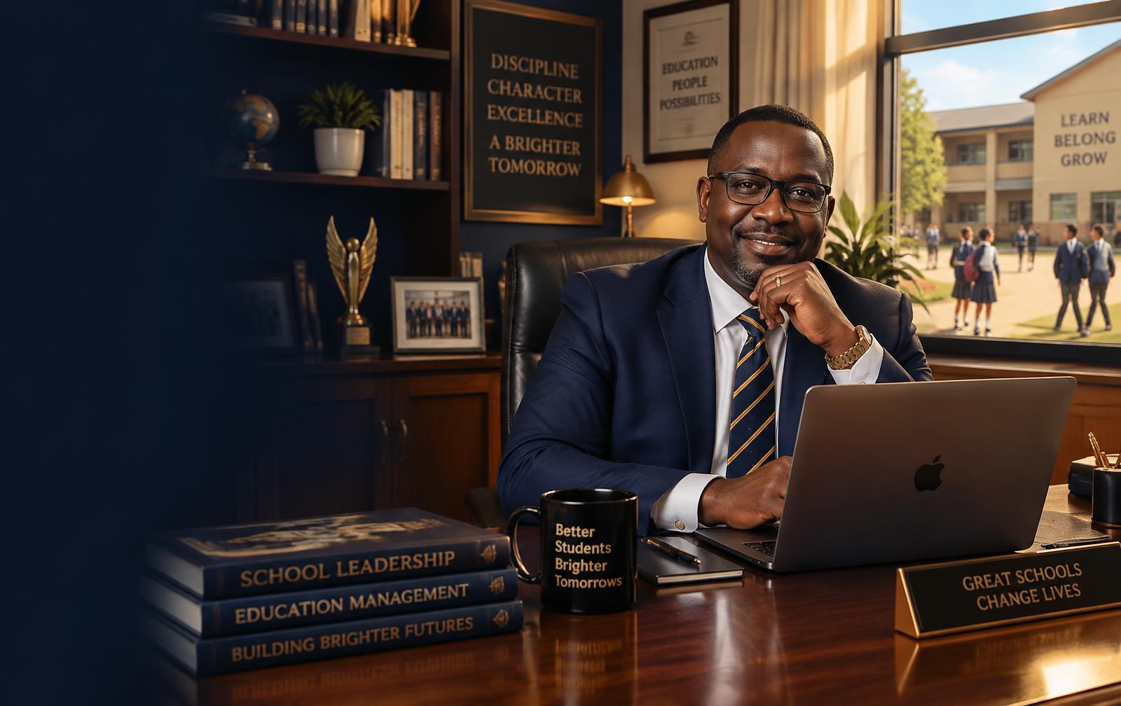 Nigerian school owner at his office desk with a laptop